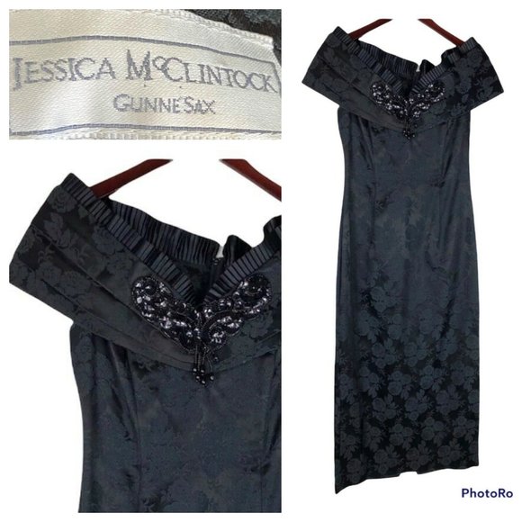 Vtg 90s Gunne Sax Jessica McClintock Dress 9/10 Off Shoulder Black Floral - Picture 1 of 2